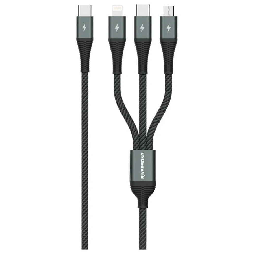 Riversong 3-in-1 USB-C to Lightning, MicroUSB, and USB-C Charging Cable with Plug-and-Play Design and Iron Grey Finish for iPhone, Samsung, Tablet, and More (Grey) - RS.INFINITY9T-C61T.GY