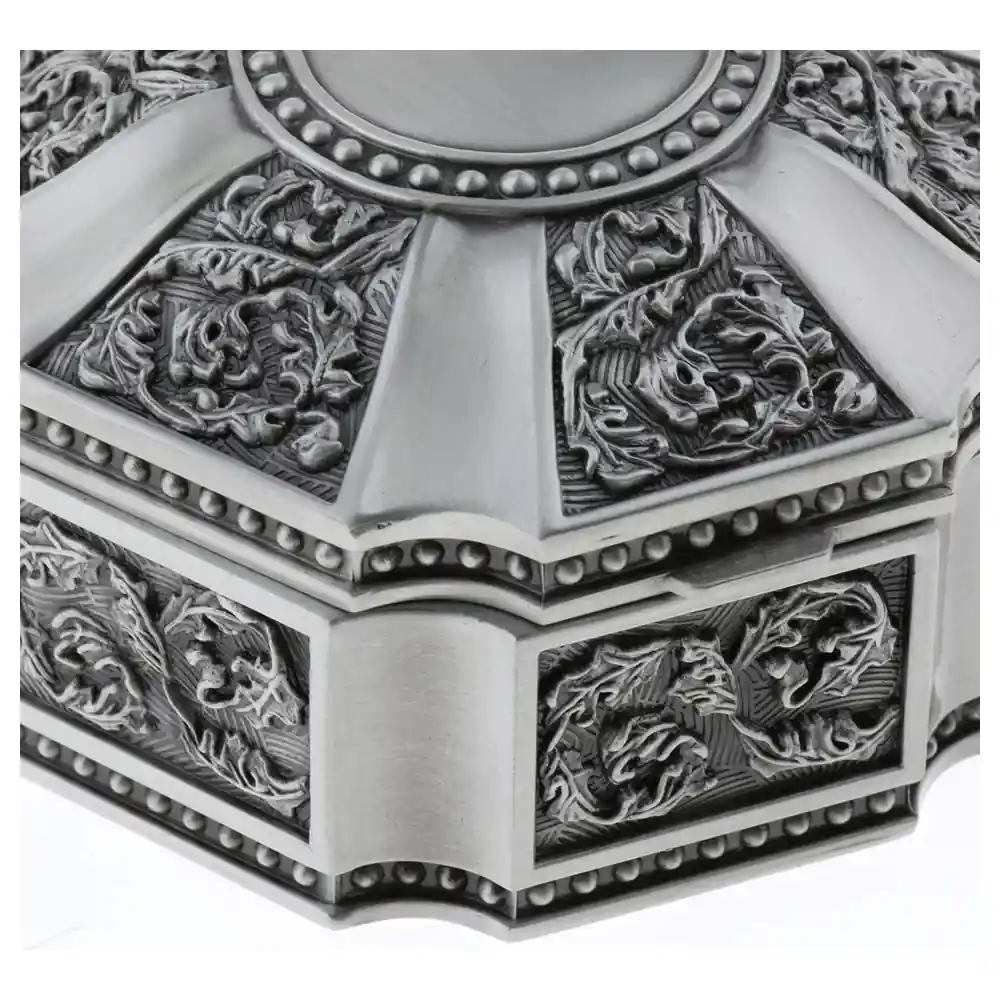 Classic Retro Vintage Silver Jewellery Box, Octagonal Embossed Floral Metal Trinket Case with Hinged Domed Lid and Lined Interior - Image 3