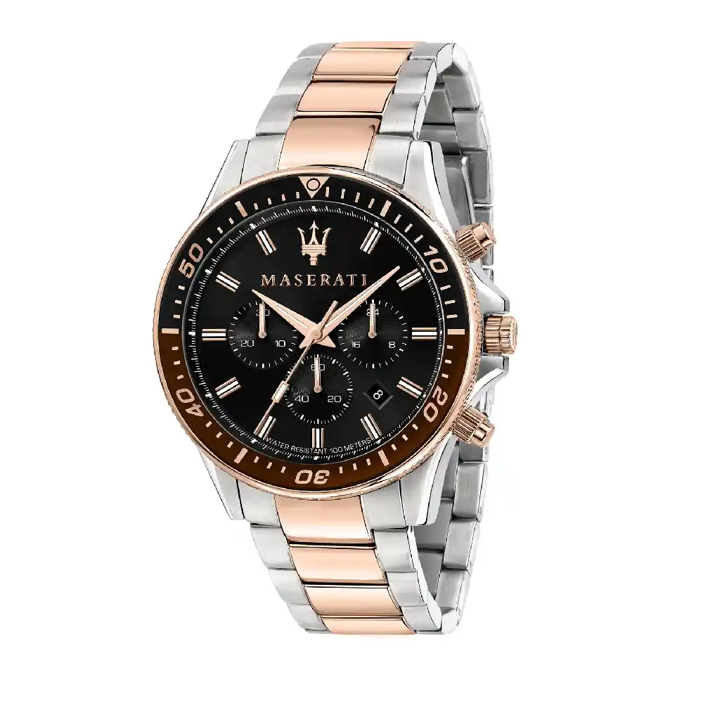 Maserati Sfida Chronograph Watch for Men, 44mm Black Dial, Stainless Steel & Rose Gold Bracelet, Quartz Movement, 10 ATM Water Resistance - R8873640009