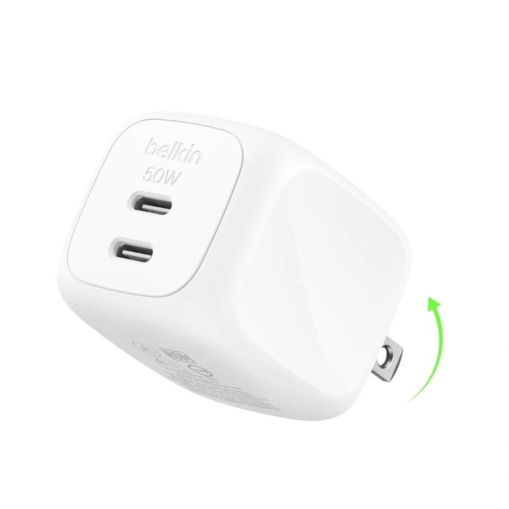 Belkin Dual USB-C GaN Wall Charger 50W, White - WCH019myWH