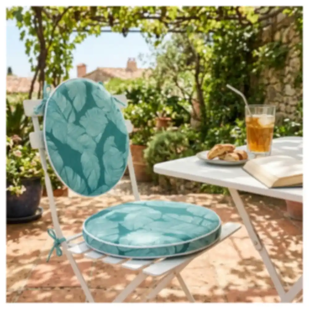 Paradiso Round Outdoor Seat Cushion with Piped Edge, Tie Fastenings and Tropical Leaf Print for Bistro and Patio Chairs - DY-N40 - Image 4