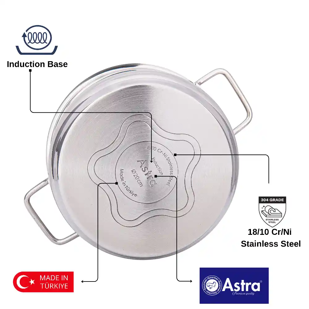 Astra Frypan 28 x 6.5 cm, 3.7L, 18-10 Stainless Steel, Triplex Solar Base, Induction Compatible - C-AS1228 - Image 2