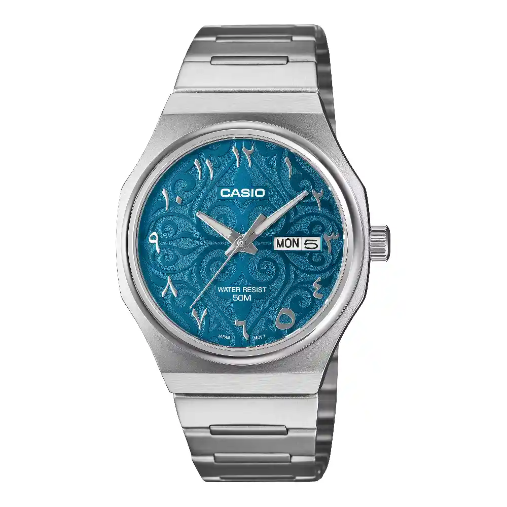 Casio Men’s Analog Watch, Blue Arabic Dial, Stainless Steel Case, Stainless Steel Band, Mineral Glass, Day and Date Display, 5 Bar Water Resistance - MTP-E735AR-2A3V