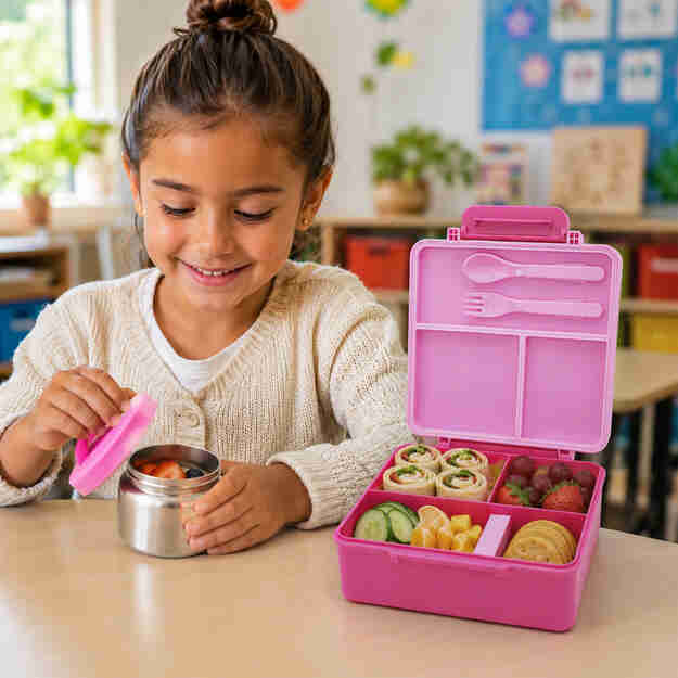 Babies Basic Insulated Bento Lunchbox Built-in Thermos Leakproof Compartments 3+ Years - Pink - Princess 12300-BEN-PIN-FAIR - Image 2
