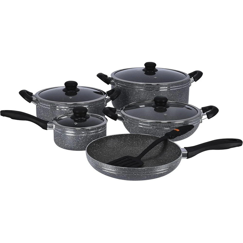 Delcasa DC1889 Non-Stick Cookware Set with Granite Coating, Aluminium Body, Tempered Glass Lid, Bakelite Handle, Dishwasher-Safe, Multi