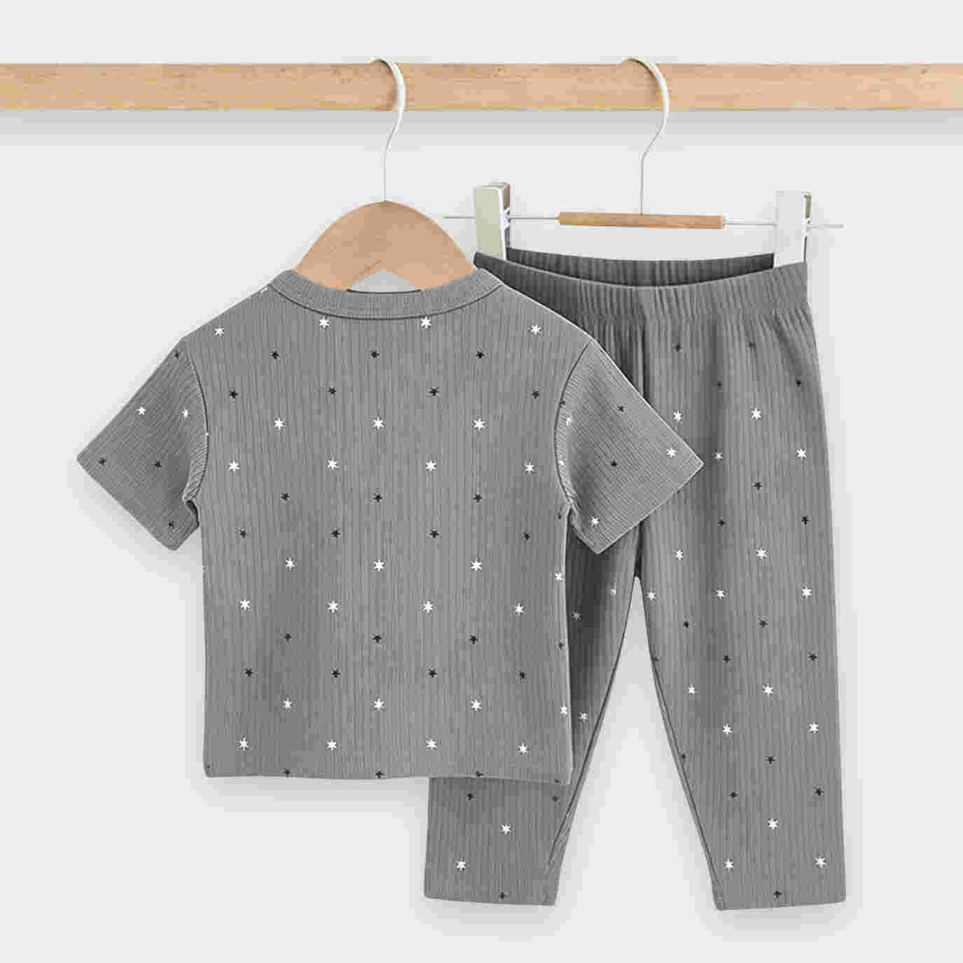 Babies Basic Ribbed Cotton Printed Short Sleeves T-shirt and Printed Pyjama Set 0-3 Months Gray M713-SH-GRA-0-3-2PC - Image 4