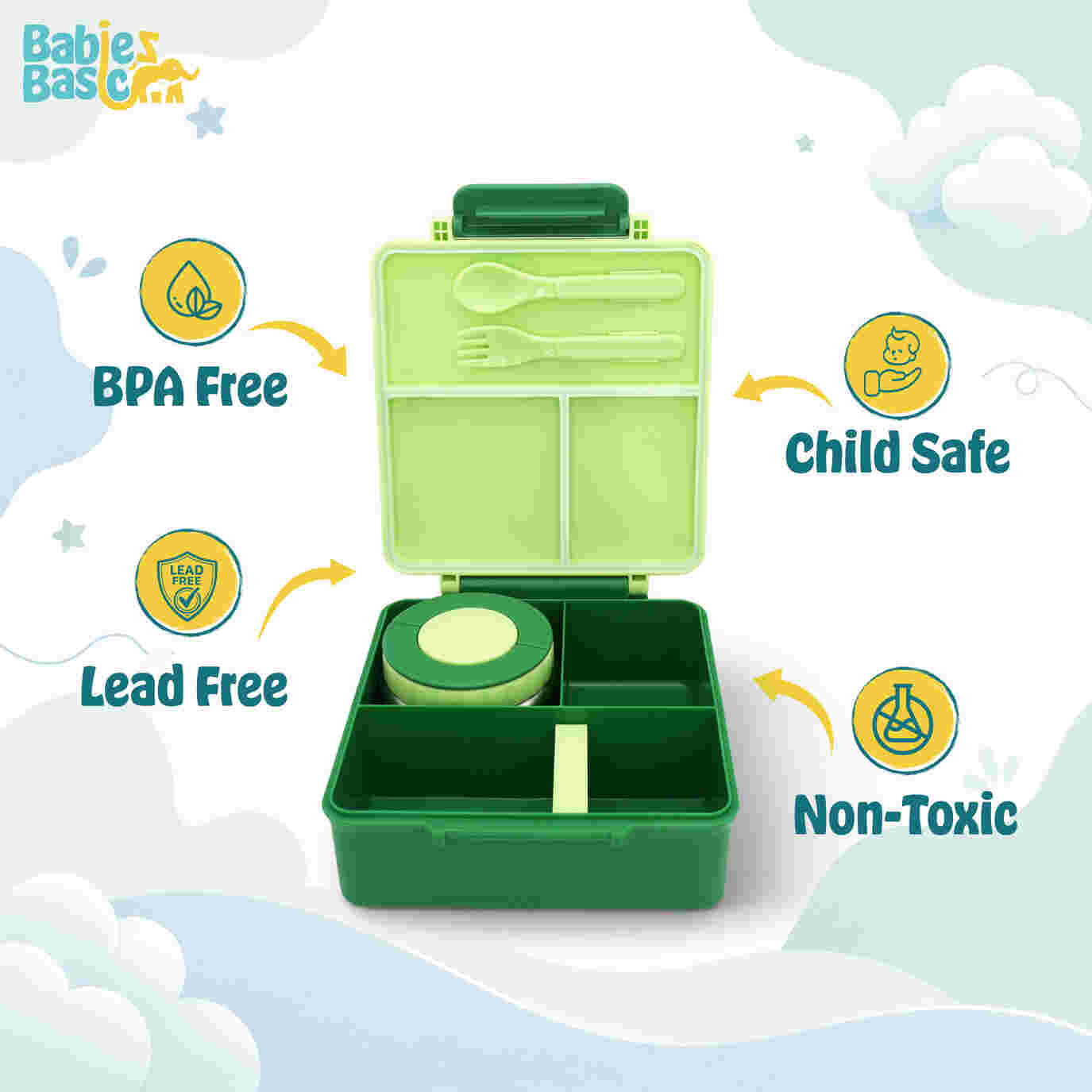 Babies Basic Insulated Bento Lunchbox Built-in Thermos Leakproof Compartments 3+ Years - Green - Dinosaur 12300-BEN-GRE-DINO - Image 3
