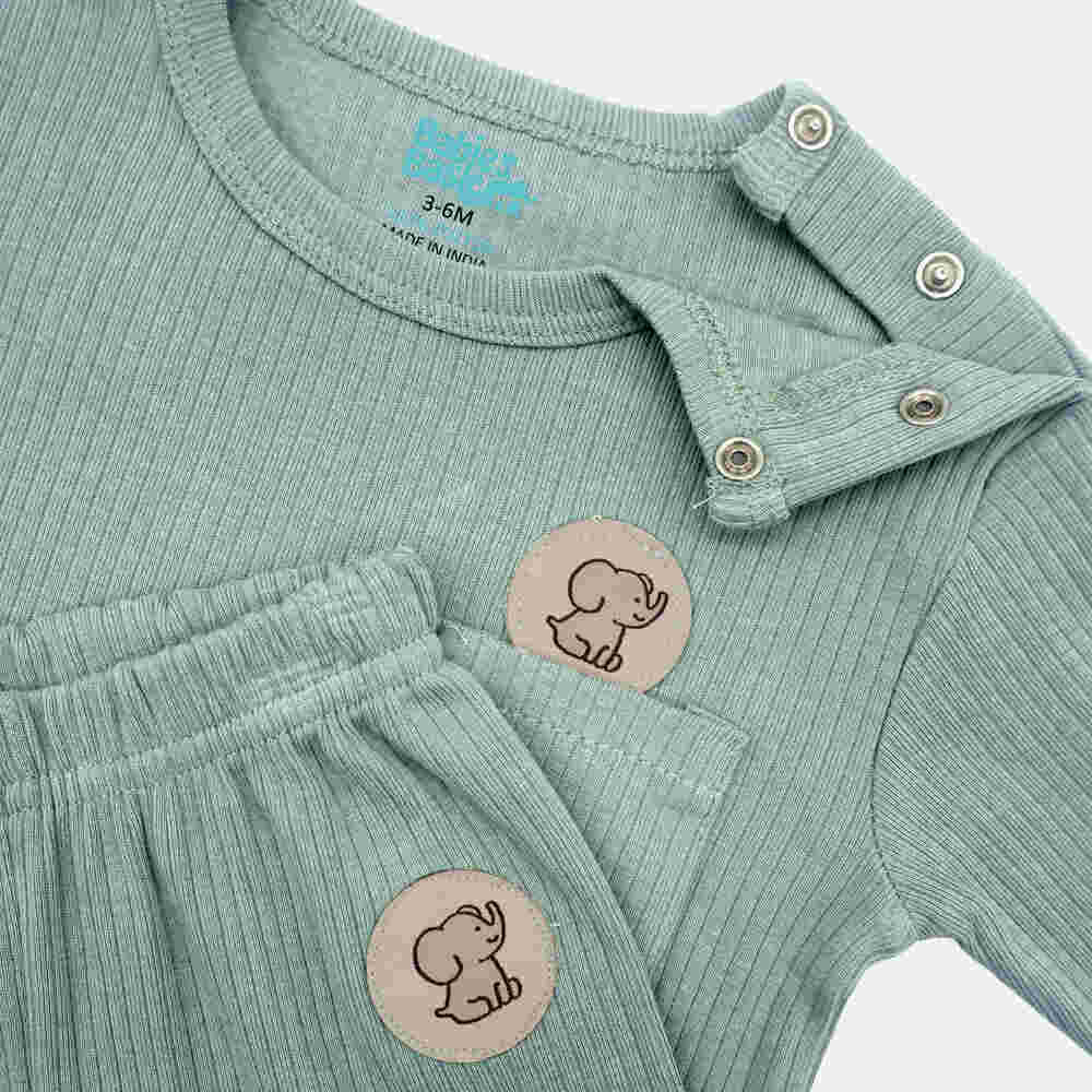 Babies Basic Ribbed Cotton Long Sleeves Top and Bottom 6-12 Months Green M725-LO-GRE-6-12-2PC - Image 3