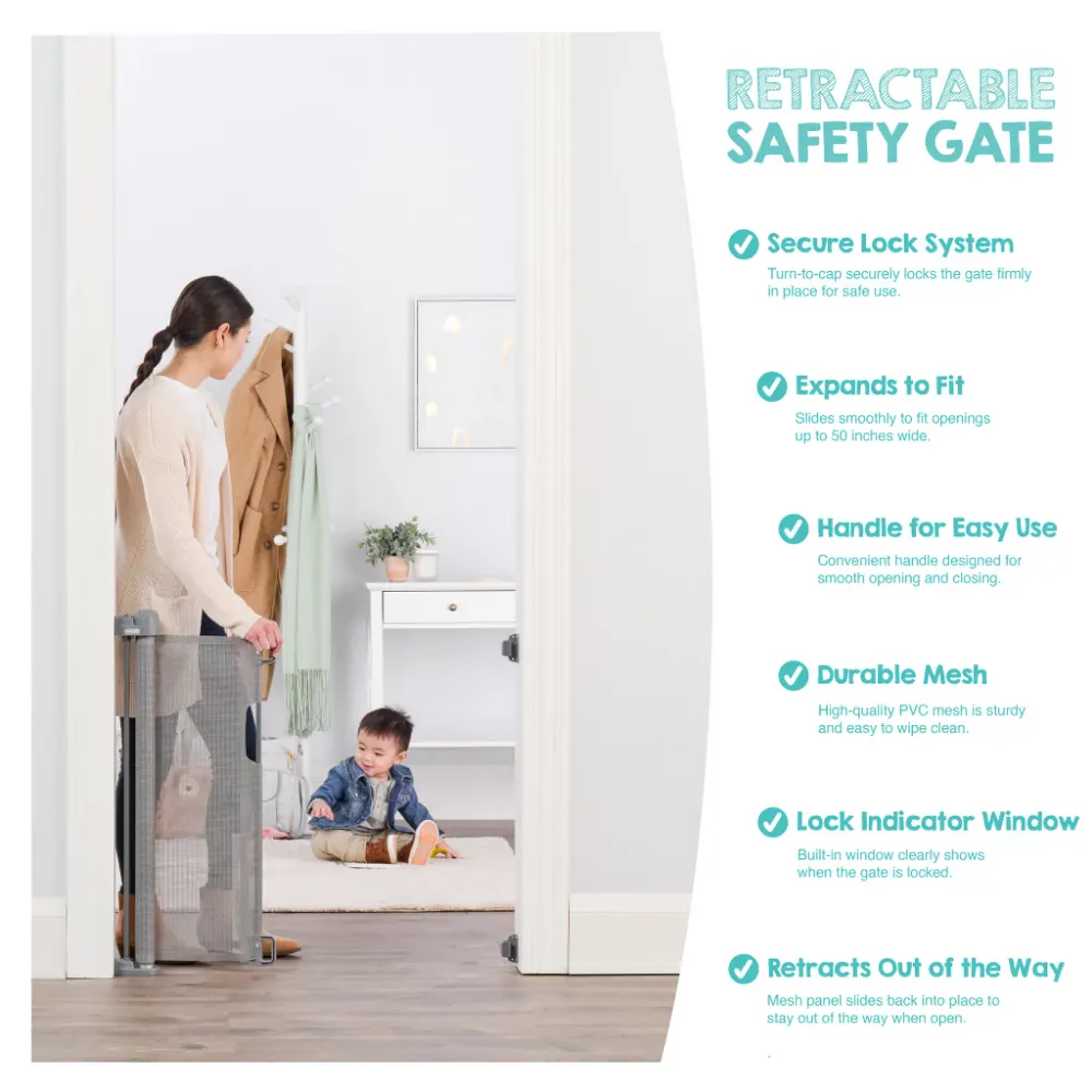 Regalo Extra Wide Retractable Baby Gate, Expands up to 50 Inches, Secure Mesh Barrier, Lock and Unlock Indicator, Hardware-Mount Installation, Pet-Friendly Design, 30 Inches Tall, Grey - 1850 G - Image 3