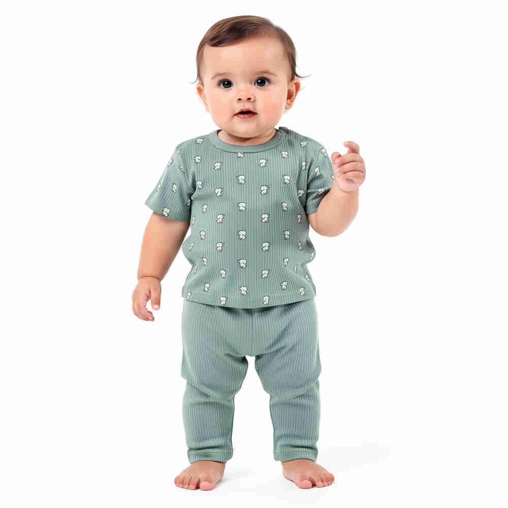 Babies Basic Ribbed Cotton Printed Short Sleeves T-shirt and Pyjama Set 3-6 Months Green M726-TO-GRE-3-6-2PC