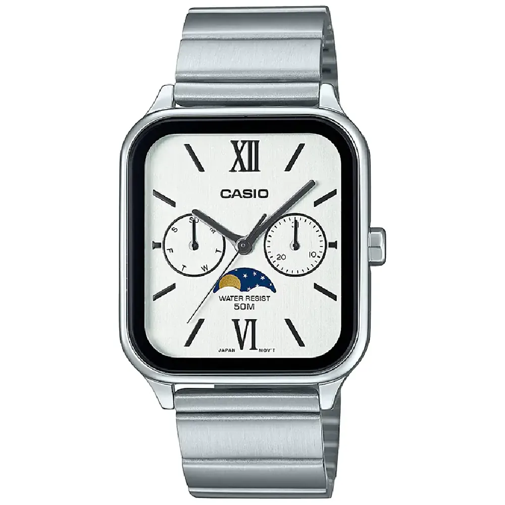 Casio Analog Moon Phase Watch for Unisex - Stainless Steel Case, White Dial, Date Day Display, 50m Water Resistant - MTP-M305D-7A2VDF