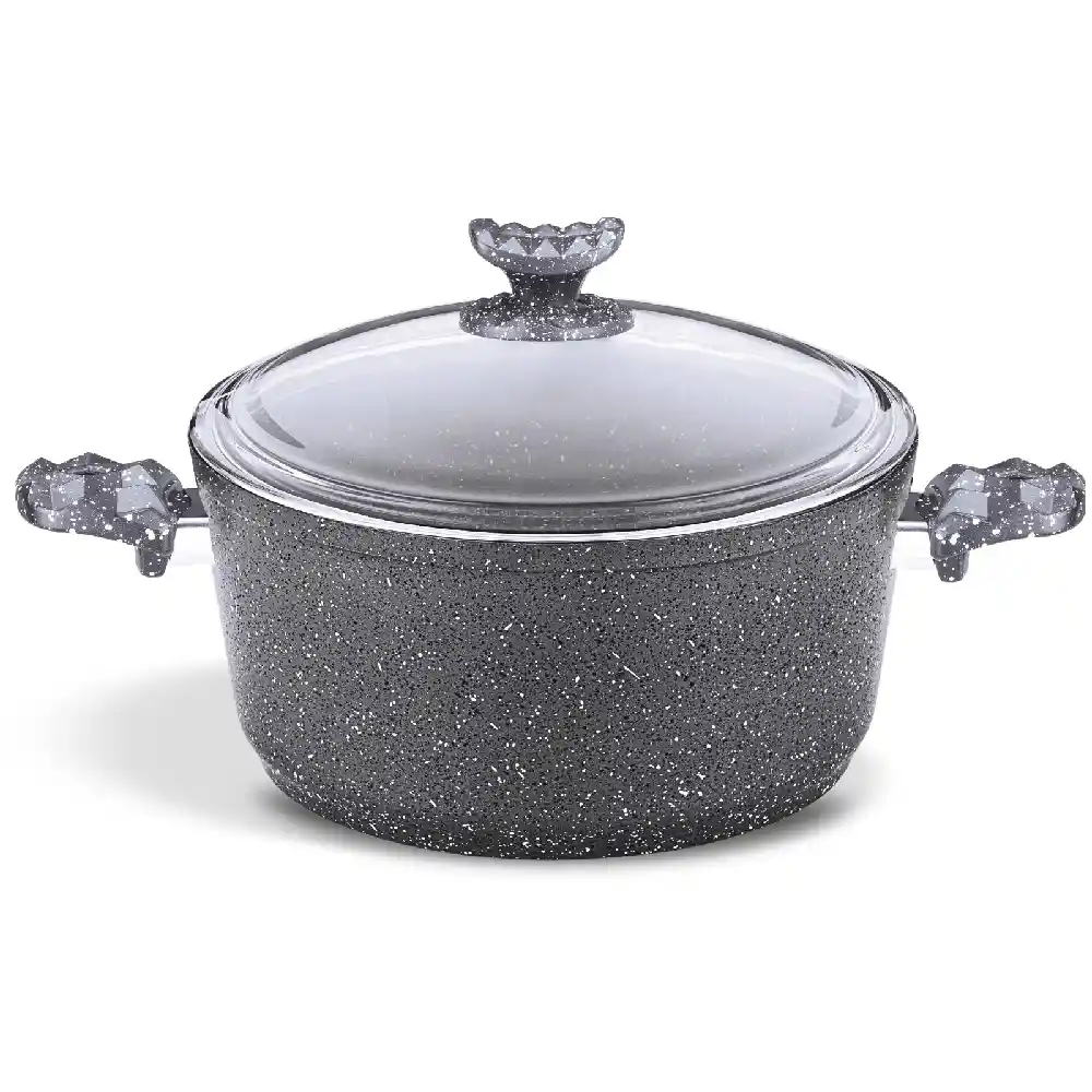 Alfa Swiss Stone Granite Casserole Pot 28 cm, Non-Stick, Induction Compatible, PFOA-Free, Cook with Less Oil, Heat-Resistant Ergonomic Handles, Silver - ALSW-C28