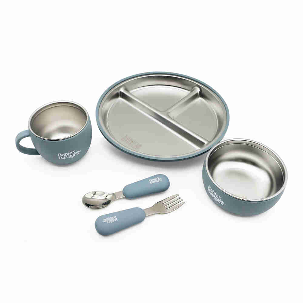 Babies Basic Stainless Steel Plate Bowl and Cup with Silicone Sleeve and Silicone handle Spoon and Fork for Kids Indigo 12276-FEE-IND-5PC