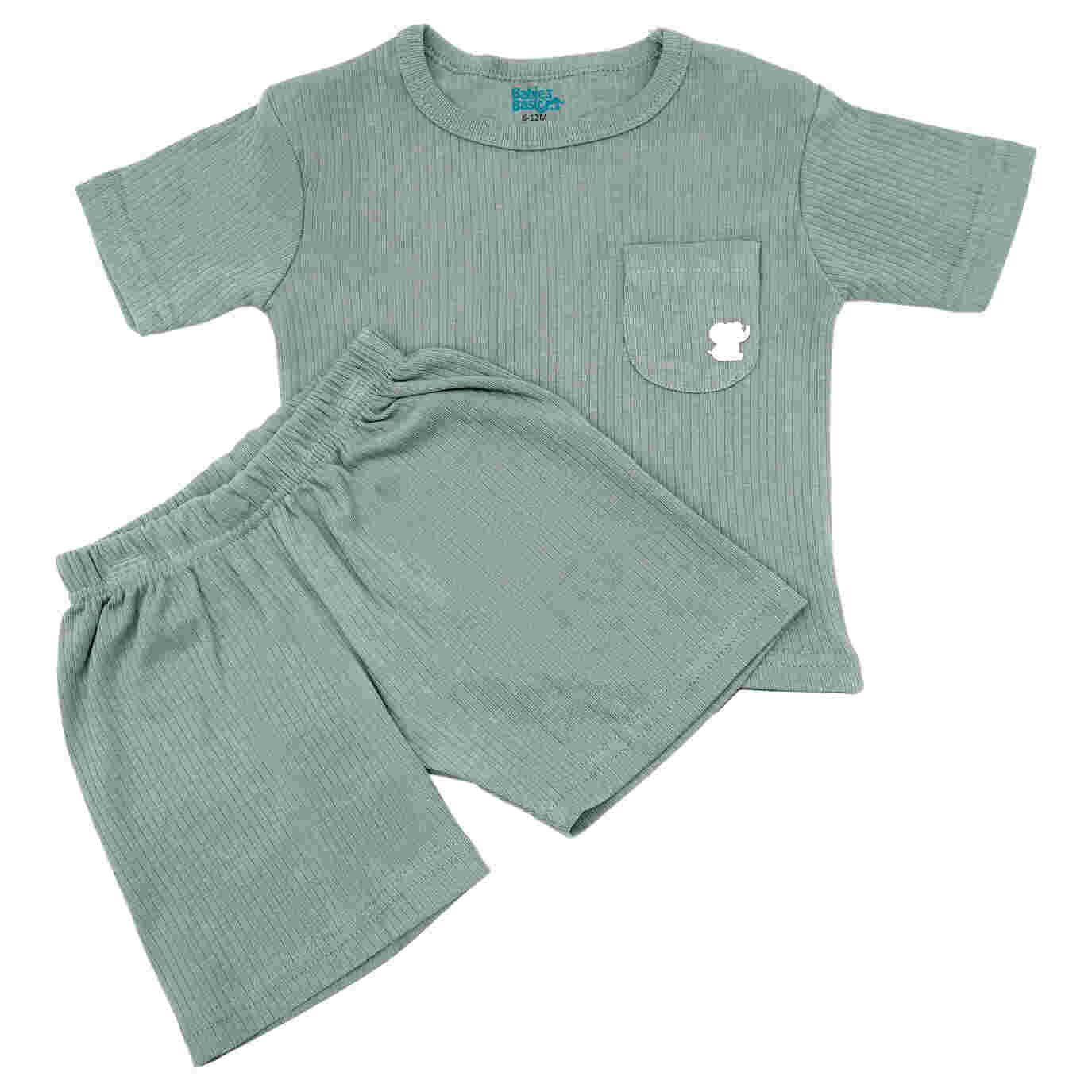 Babies Basic Ribbed Cotton Short Sleeves T-shirt and Plain Shorts Set 12-18 Months Green M723-TO-GRE-12-18-2PC