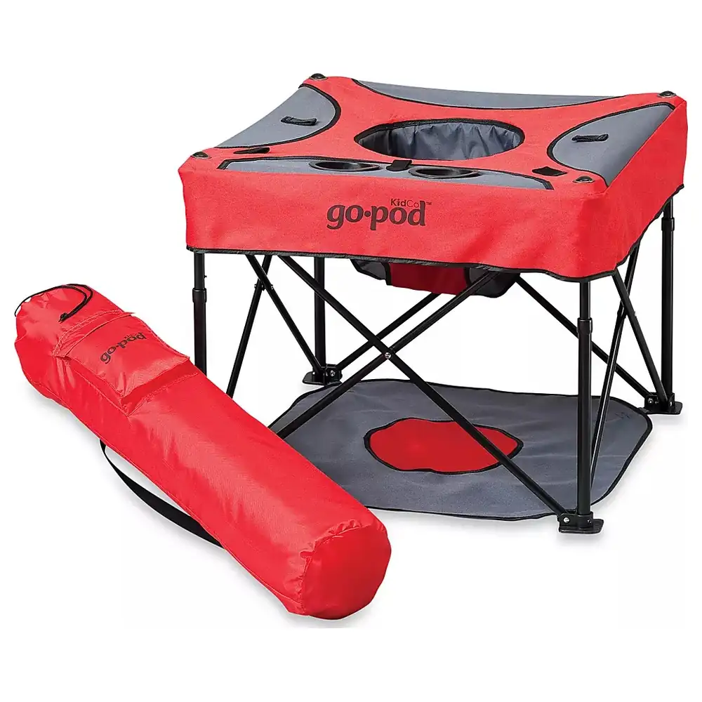 KidCo Go-Pod Portable Baby Activity Seat in Cardinal, Foldable Travel Seat with 4 Height Positions, Floor Pad, Snack Holders and Carry Bag - P7003
