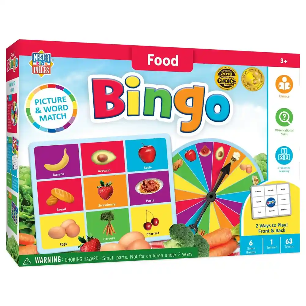 MasterPieces Food Bingo Educational Game for Kids, Picture and Word Matching with 6 Double-Sided Boards and Spinner, 2 to 6 Players, Ages 3 and Up - 11814