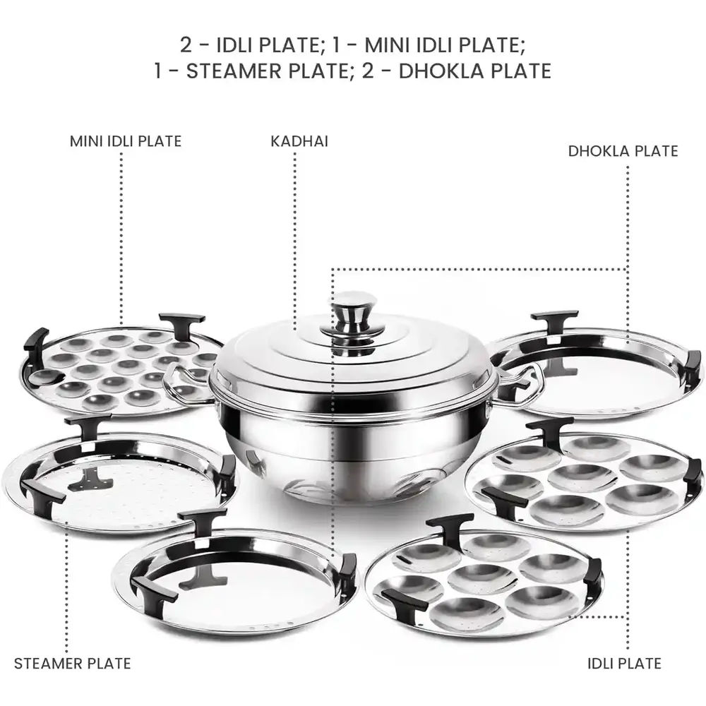 Milton Pro Cook Multipurpose Kadai With LID, 2 - Regular Idli Plate 1 - Mini Idli Plate 1 - Steamer Plate 2 - Dhokla Plate Stainless Steel - 3015854 - Image 2