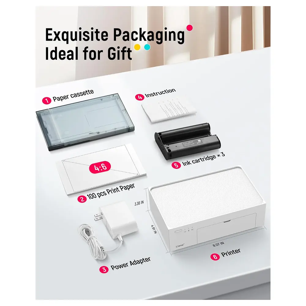 Liene Amber M100 4x6 Inch Wi-Fi Photo Printer Bundle with 100 Sheets and 3 Cartridges, Dye Sublimation Instant Prints for iPhone, Android and PC, White - Image 6