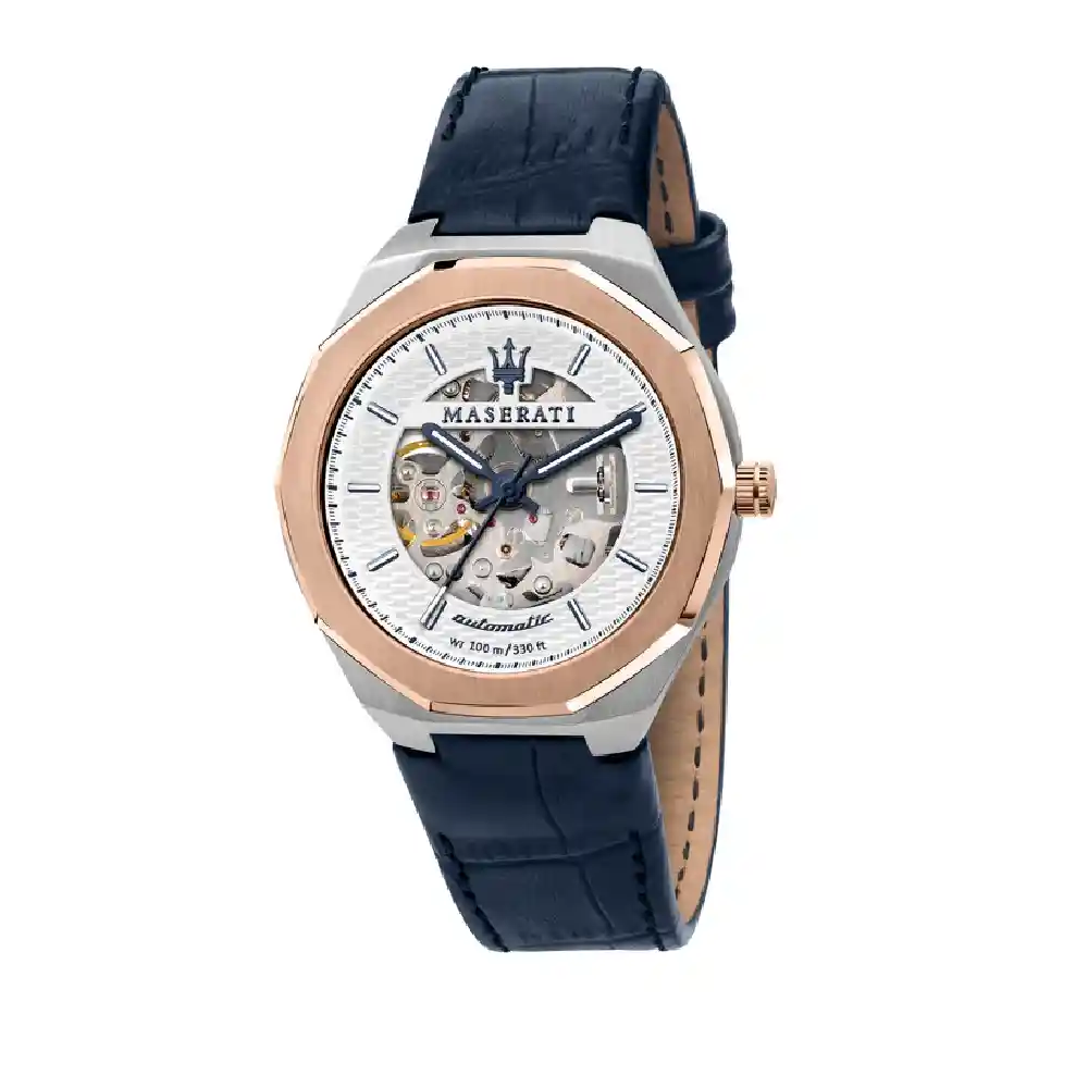 Maserati Stile Automatic Watch for Men, 42mm Silver Guilloche Dial, Blue Leather Strap, Stainless Steel Case, 10 ATM Water Resistance- R8821142001