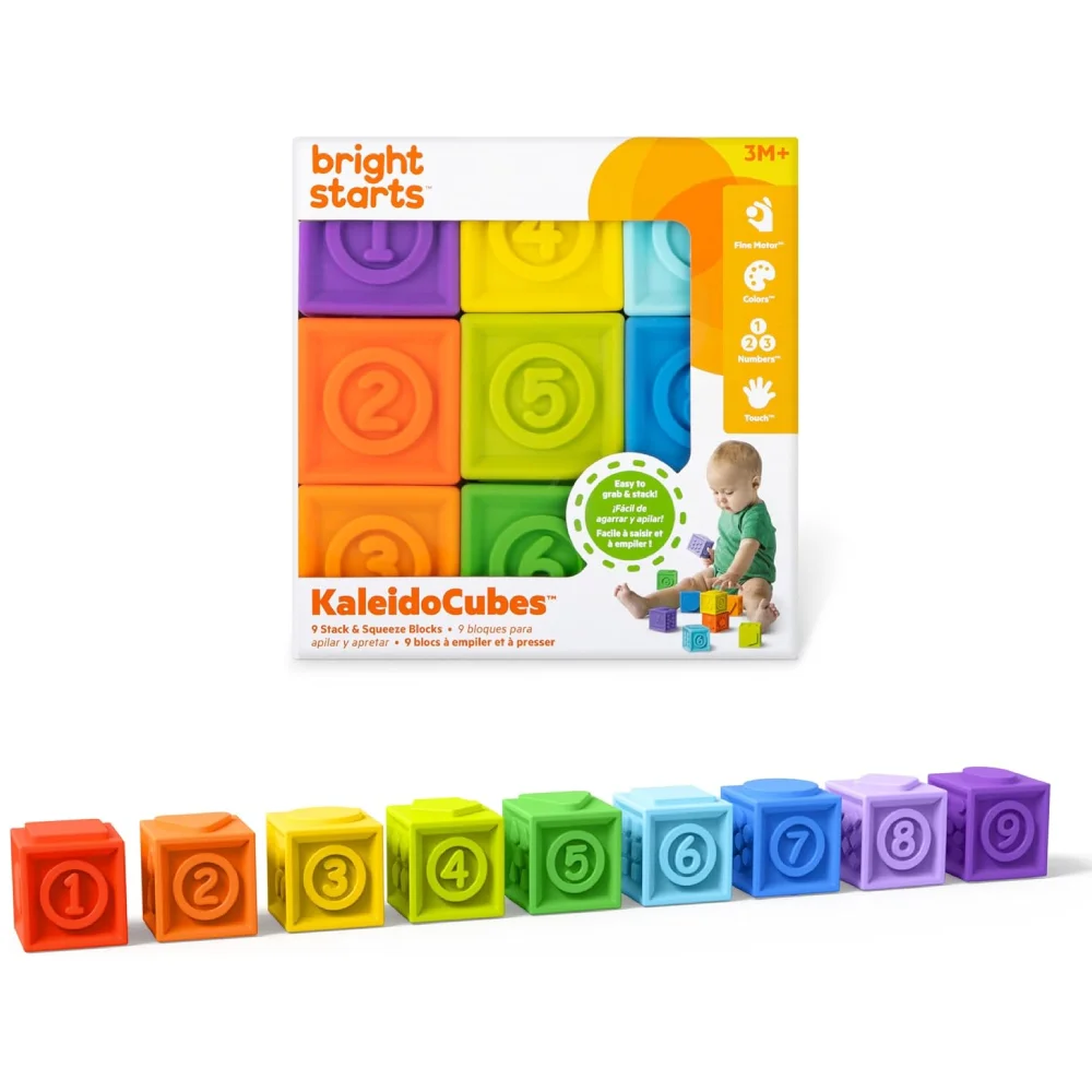 Bright Starts KaleidoCubes 9 Stack And Squeeze Blocks - Rainbow Colors - 3-36 Months - 12616