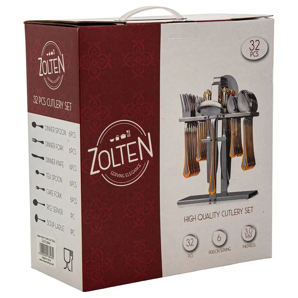 Zolten Moon Stainless Steel Cutlery Set 32 Pieces with Stand, Gold Patterned Handles, Mirror Finish, Service for 6 - ZL0713848 - Image 4