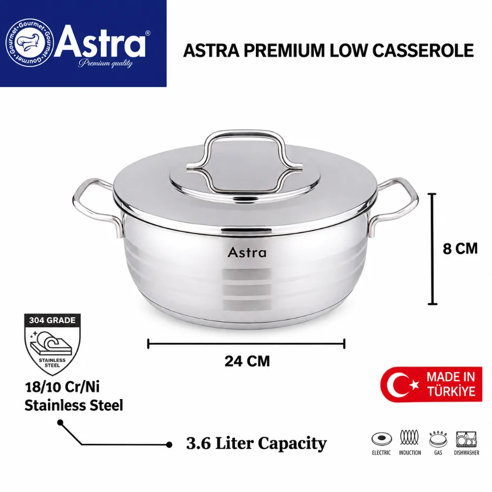 Astra Premium Low Casserole 24 x 8 cm 3.6L, 18-10 Cr-Ni Stainless Steel, Triplex Heavy Bounded Capsule Bottom, Induction Base, Dishwasher Safe, With Lid, Silver - C-AS3124 - Image 2