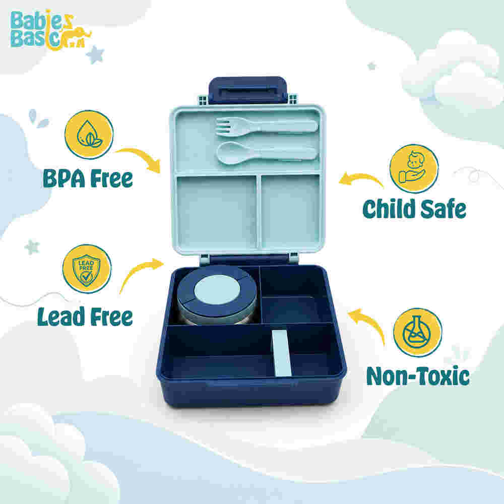 Babies Basic Insulated Bento Lunchbox with Stainless Steel Bottle 3+ Years - Beige - Zoo 12310-MIX-BLU-CONS - Image 3
