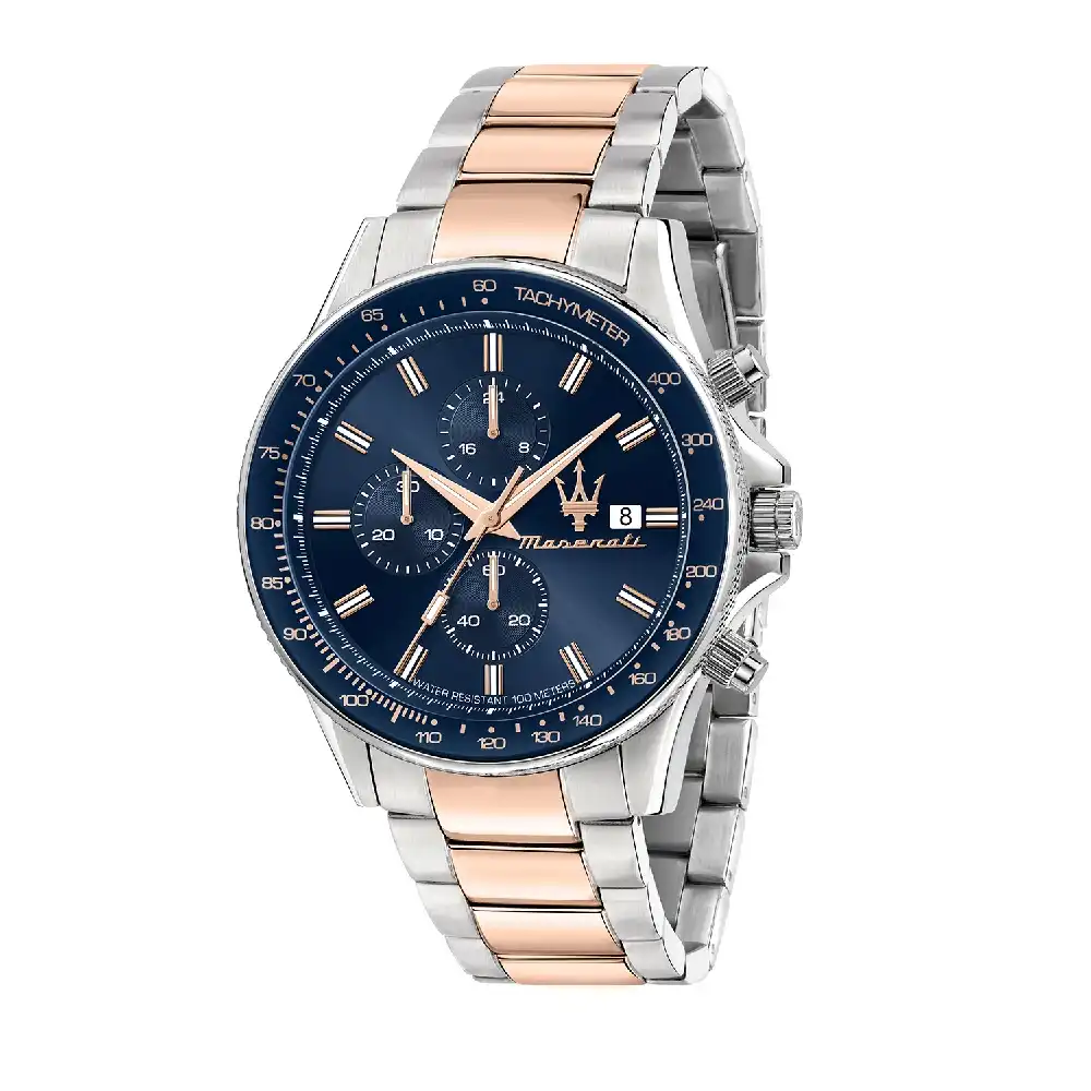 Maserati Sfida Chronograph Watch for Men, 44mm Blue Dial, Stainless Steel & Rose Gold Metal Band, 10 ATM Water Resistance- R8873640012