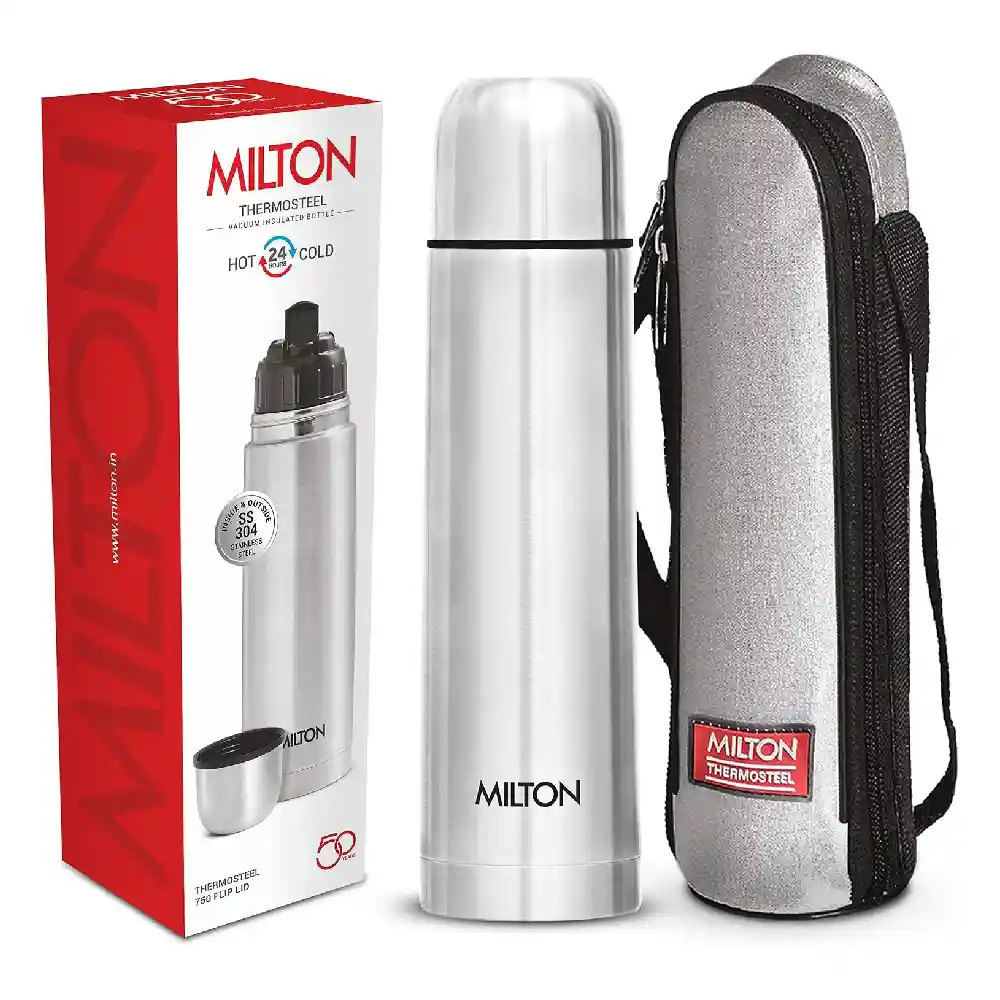 Milton Flip LID 750 24 Hours Hot And Cold Water Bottle With Bag, Silver Thermosteel 750ml - 3015507