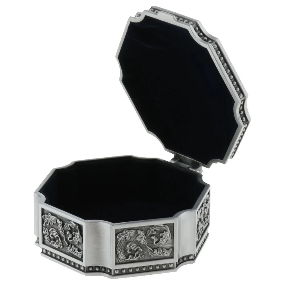 Classic Retro Vintage Silver Jewellery Box, Octagonal Embossed Floral Metal Trinket Case with Hinged Domed Lid and Lined Interior - Image 4