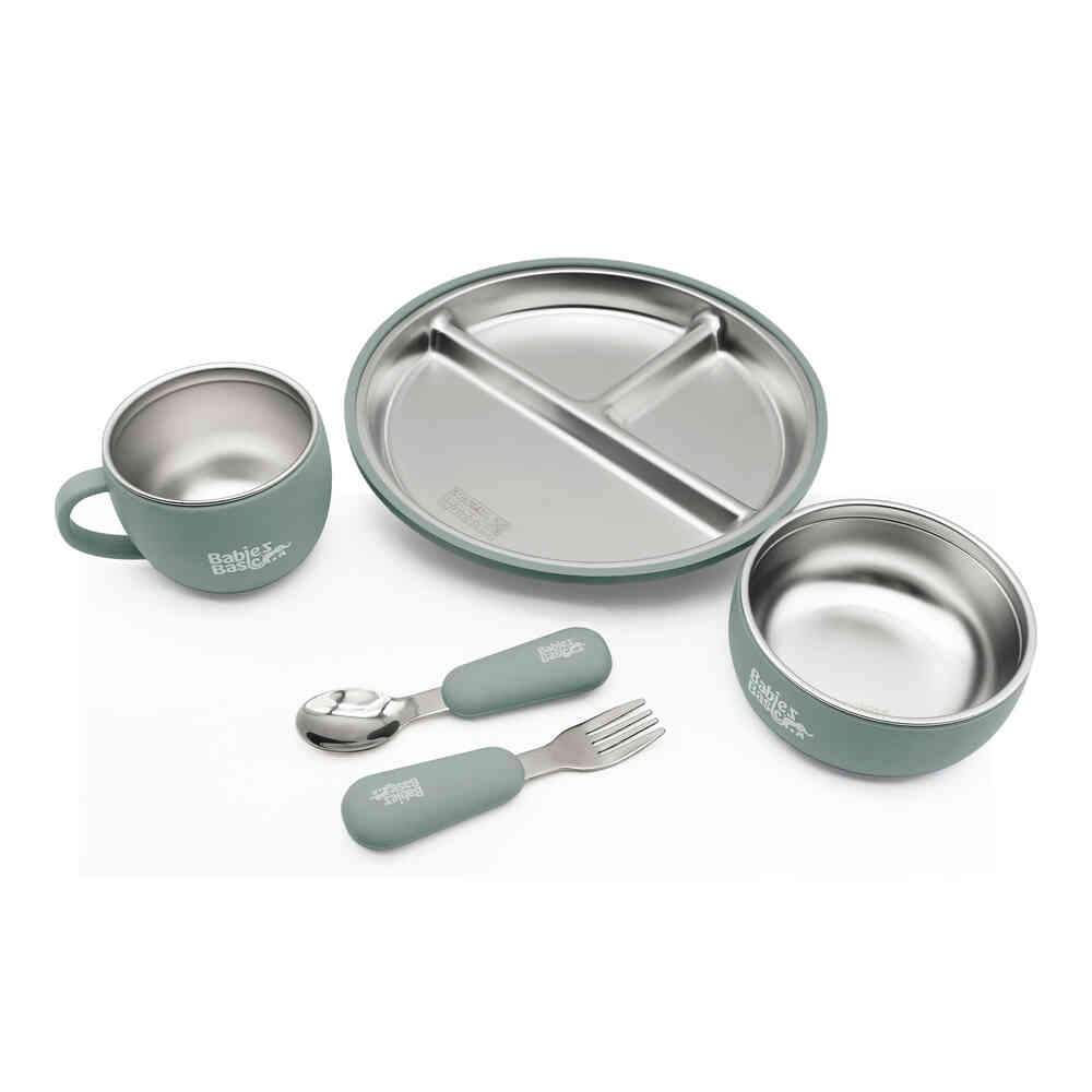 Babies Basic Stainless Steel Plate Bowl and Cup with Silicone Sleeve and Silicone handle Spoon and Fork for Kids Green 12276-FEE-GRE-5PC