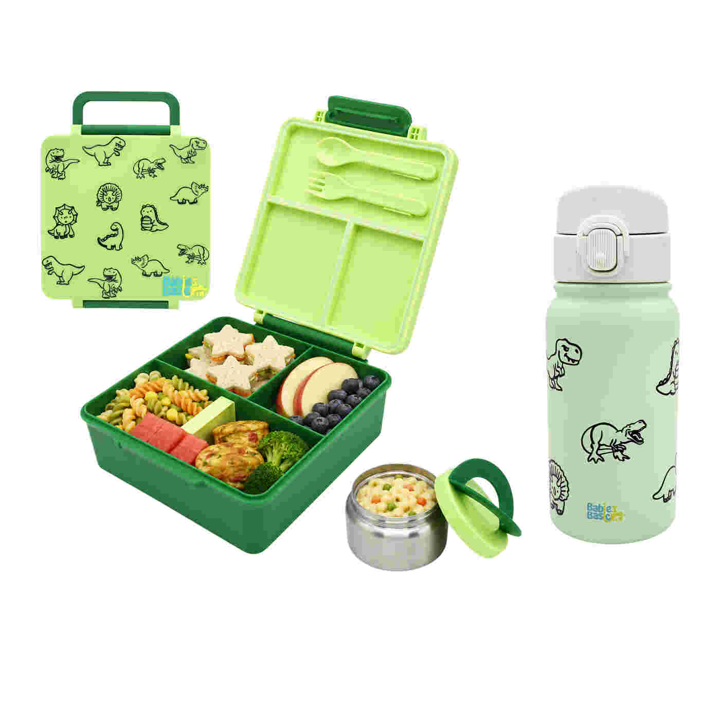 Babies Basic Insulated Bento Lunchbox with Stainless Steel Bottle 3+ Years - Beige - Zoo 12310-MIX-GRE-DINO