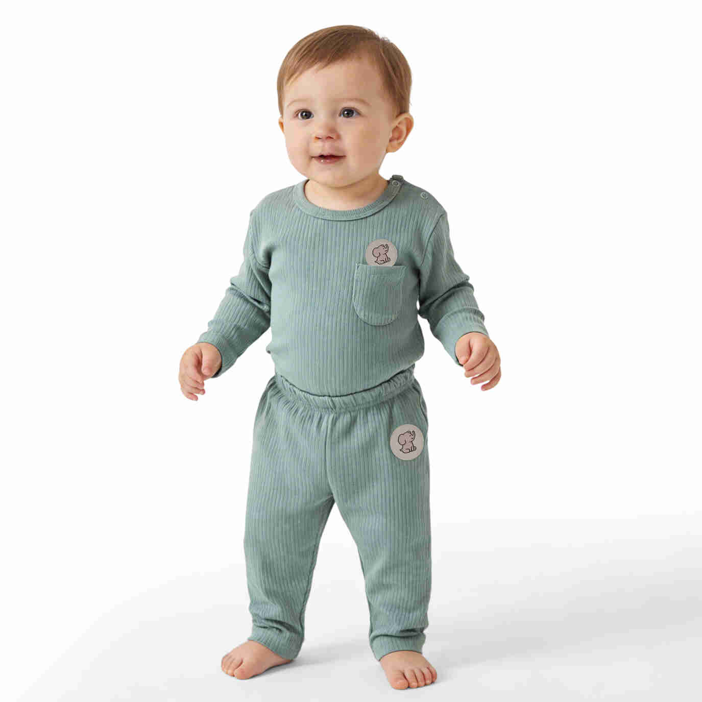 Babies Basic Ribbed Cotton Long Sleeves Top and Bottom 12-18 Months Green M725-LO-GRE-12-18-2PC