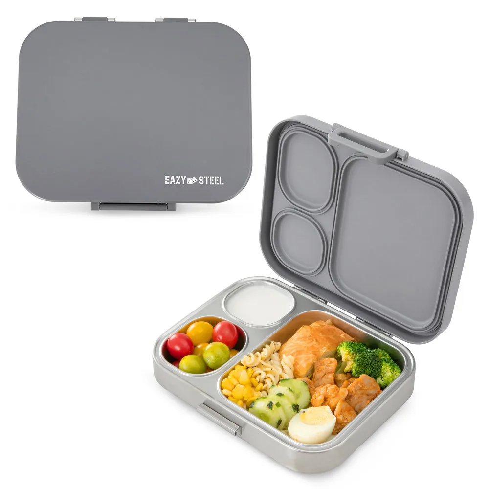 Eazy Kids Premium Stainless Steel Bento Lunch Box W Silicon Lid Grey - EZ_LBSS3COM1020_GY