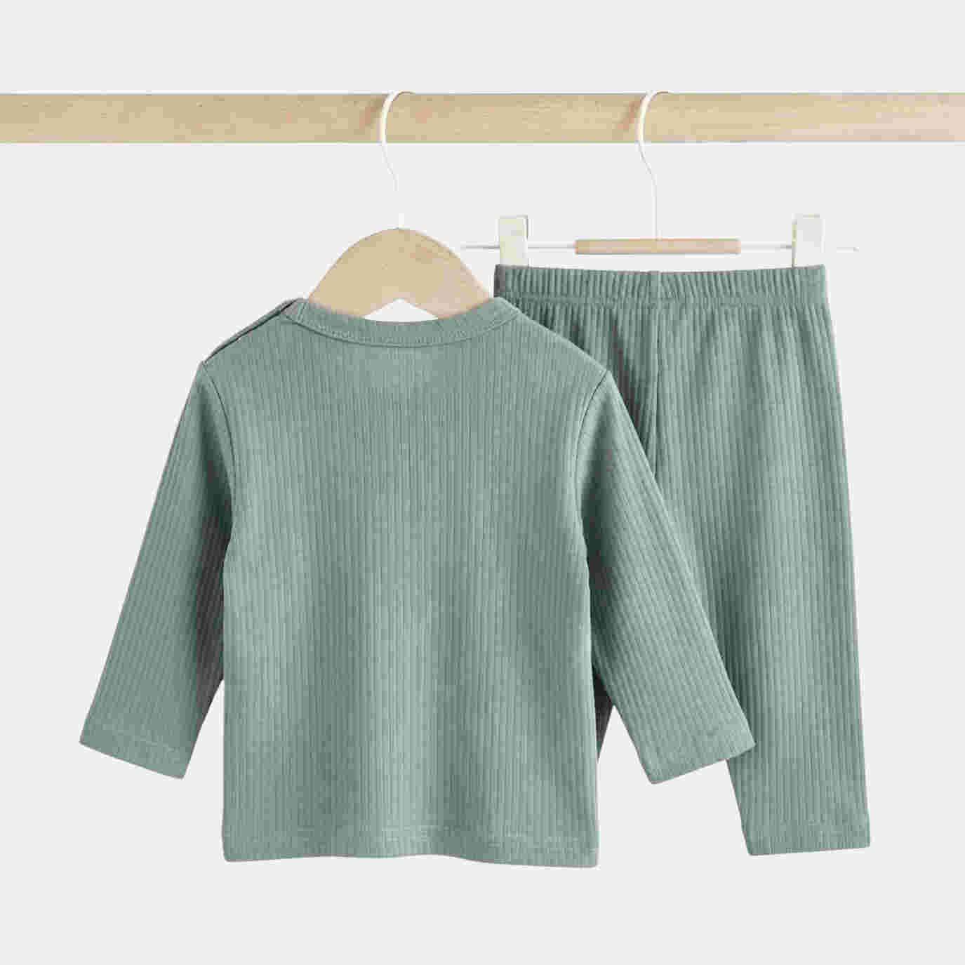 Babies Basic Ribbed Cotton Long Sleeves Top and Bottom Set 0-3 Months Green M719-PL-GRE-0-3-2PC - Image 3