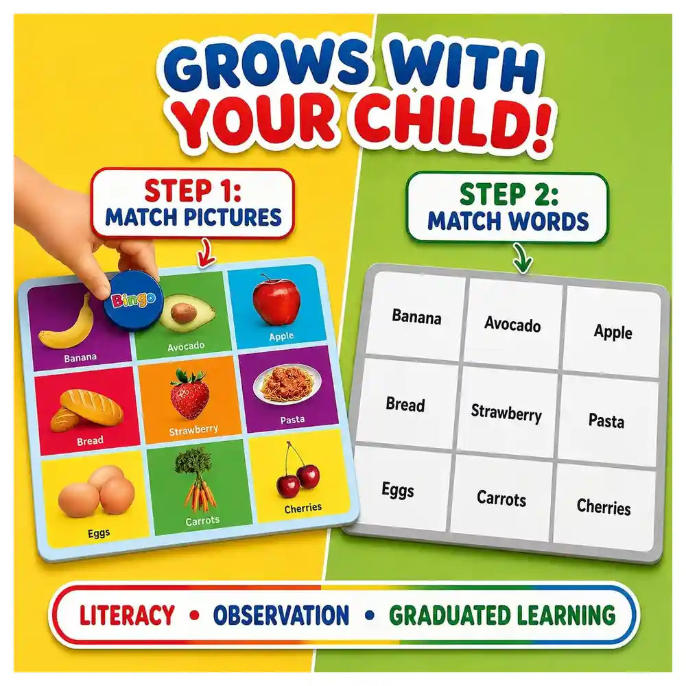 MasterPieces Food Bingo Educational Game for Kids, Picture and Word Matching with 6 Double-Sided Boards and Spinner, 2 to 6 Players, Ages 3 and Up - 11814 - Image 6
