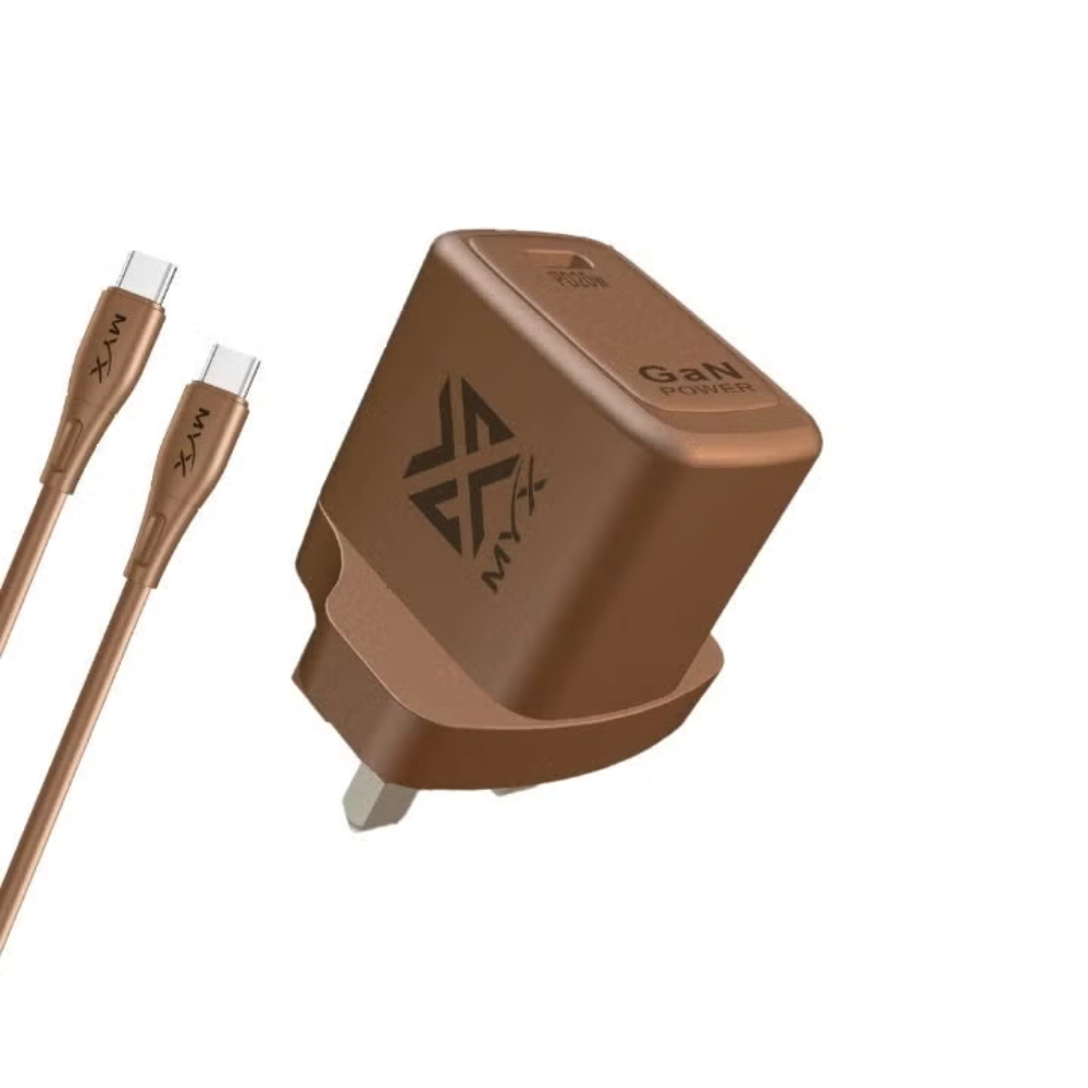 MYX Pro QuickVolt 20W GaN Travel Charger, USB-C Power Delivery, USB-C to USB-C Cable Included, UK 3-Pin Plug - GAN20W