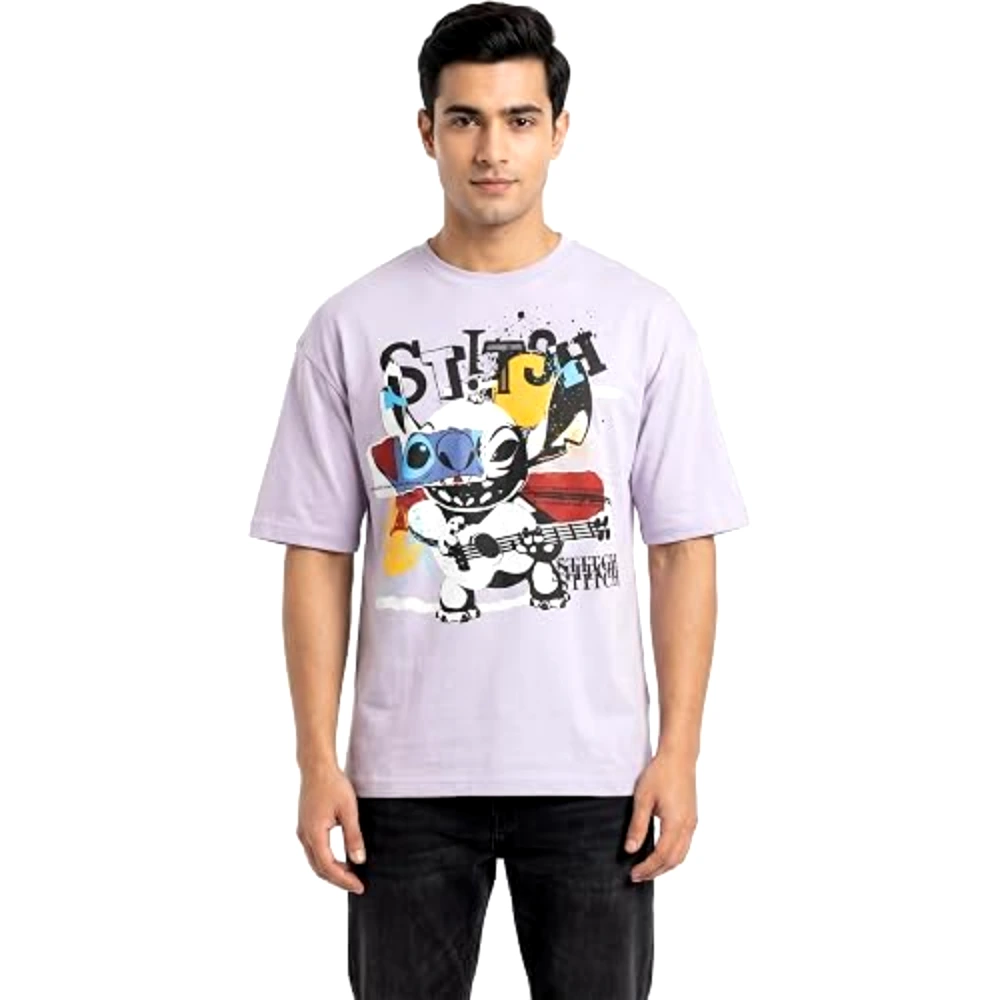 Disney Lilo and Stitch Ukulele Men T-Shirt, 100 Percent Cotton, Crew Neck, Oversized Fit, Casual Wear, Size XL, Lilac - TU26191-XL - Image 2