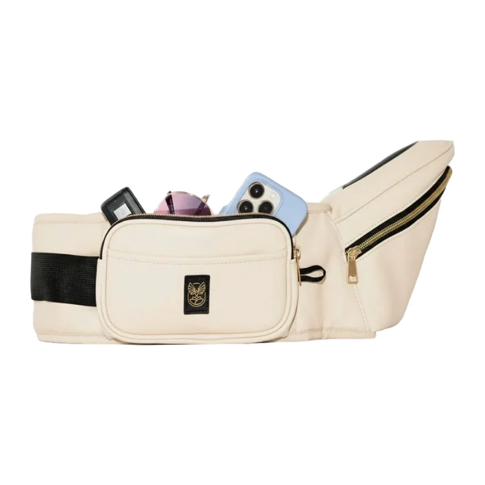 Hackerlily Ergonomic Hip Seat Baby Carrier, Strap-Free Hipseat with Storage and Bottle Holder, Non-Slip Seat, Vegan Leather, Sand - HS-SAN-LTH24
