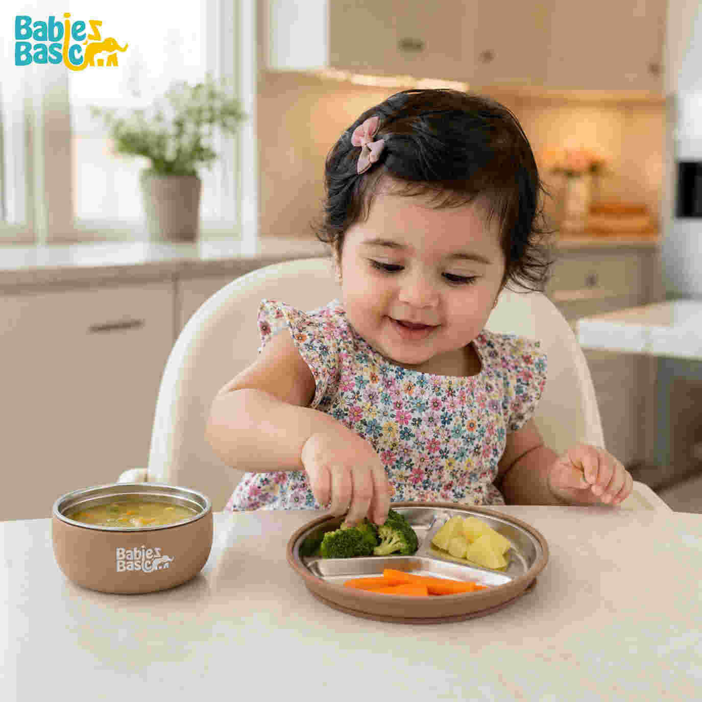 Babies Basic Stainless Steel Plate Bowl and Cup with Silicone Sleeve and Silicone handle Spoon and Fork for Kids Brown 12276-FEE-BRO-5PC - Image 4