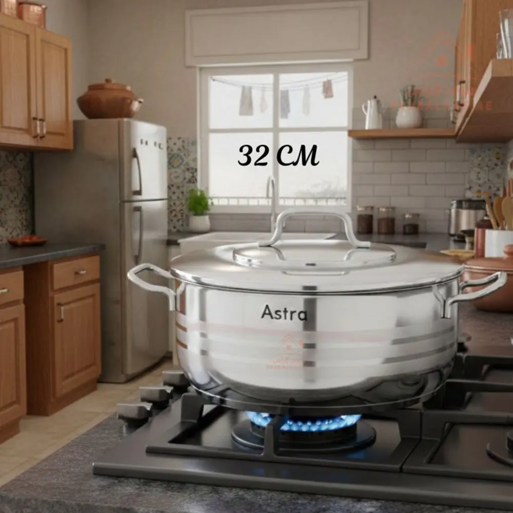 Astra Premium Low Casserole 32 x 13 cm 10.5L, 18-10 Cr-Ni Stainless Steel, Triplex Heavy Bounded Capsule Bottom, Induction Base, Dishwasher Safe, With Lid, Silver - C-AS3132 - Image 3