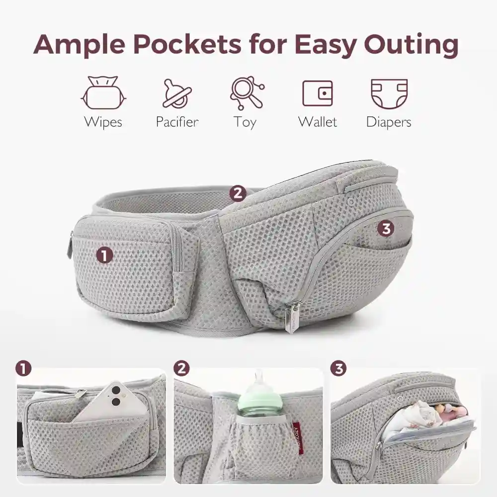 Momcozy 2-in-1 Hip Seat Baby Carrier, Adjustable & Removable Hip Seat Cushion, Ergonomic M-Position Support, Cross-Back Straps, Padded Lumbar Belt, Breathable Airflow Mesh, 7-44 lbs, Grey - 840506405325 - Image 3