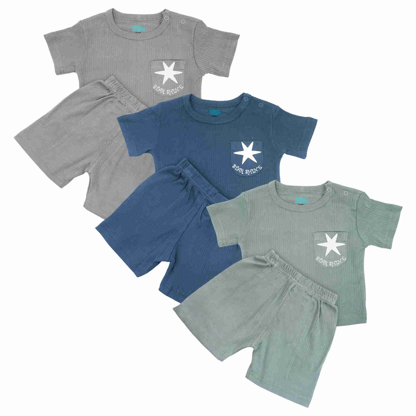 Babies Basic Ribbed Cotton Short Sleeves T-shirt and Plain Shorts Set - Pack of 3 0-3 Months Multi Color M714-TO-MIX-0-3-6PC