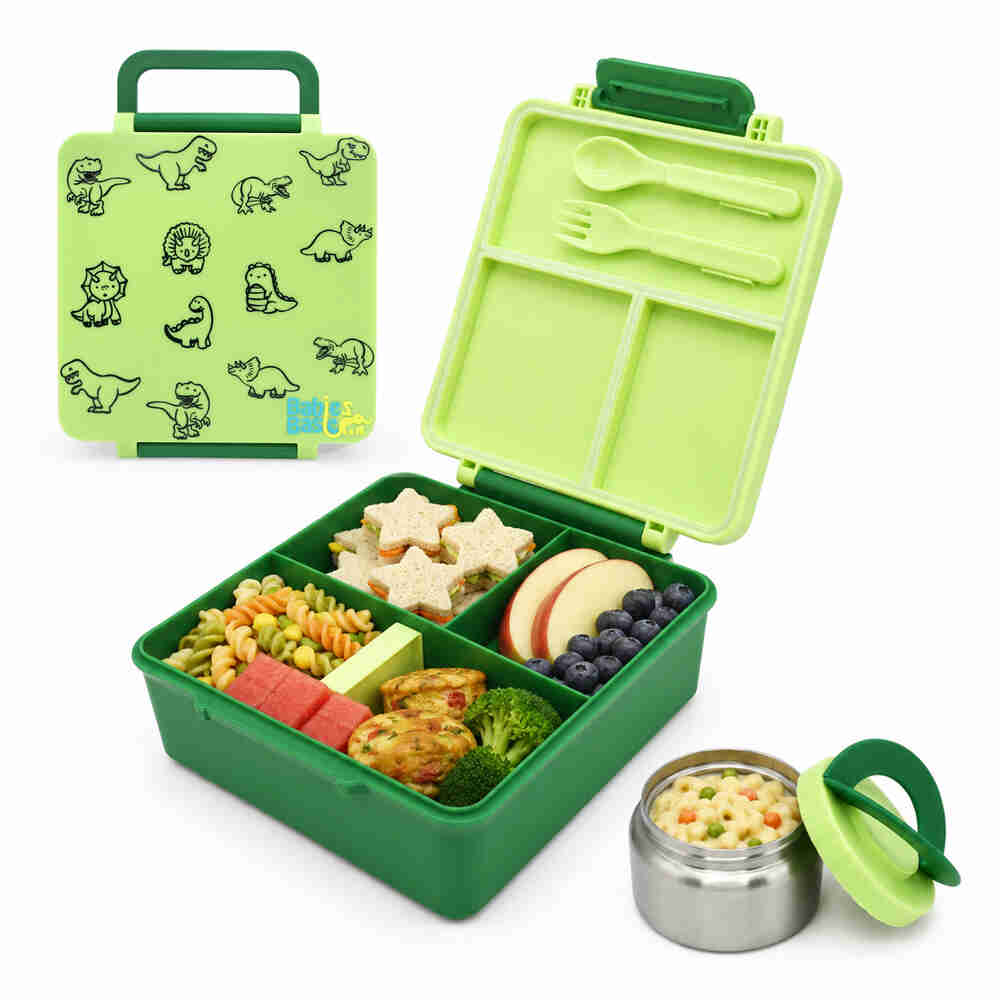 Babies Basic Insulated Bento Lunchbox Built-in Thermos Leakproof Compartments 3+ Years - Green - Dinosaur 12300-BEN-GRE-DINO