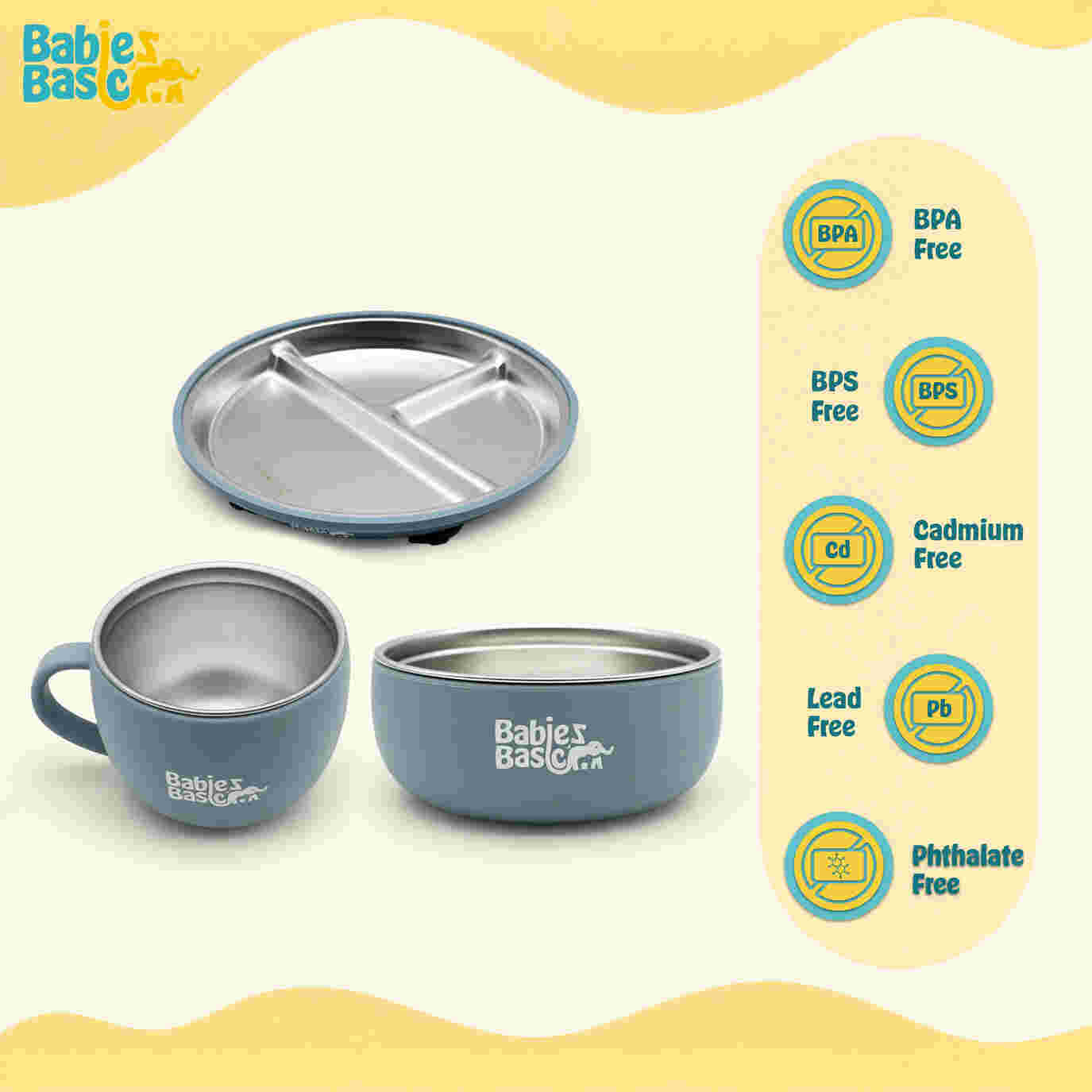 Babies Basic Stainless Steel Plate Bowl and Cup with Silicone Sleeve and Silicone handle Spoon and Fork for Kids Indigo 12276-FEE-IND-5PC - Image 4