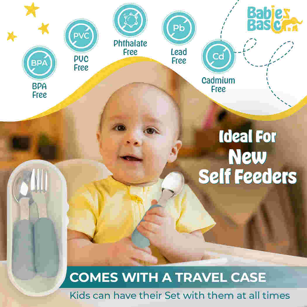 Babies Basic Stainless Steel Plate Bowl and Cup with Silicone Sleeve and Silicone handle Spoon and Fork for Kids Indigo 12276-FEE-IND-5PC - Image 2
