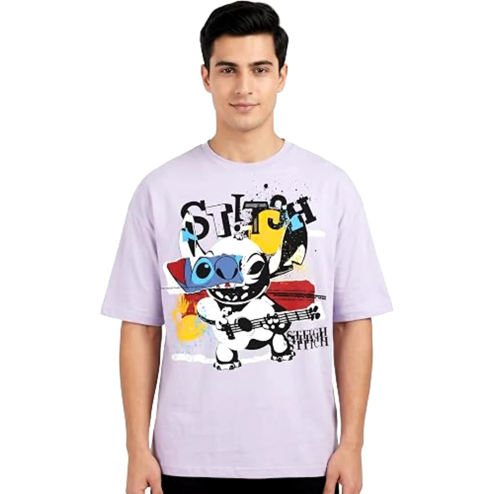 Disney Lilo and Stitch Ukulele Men T-Shirt, 100 Percent Cotton, Crew Neck, Oversized Fit, Casual Wear, Size XL, Lilac - TU26191-XL