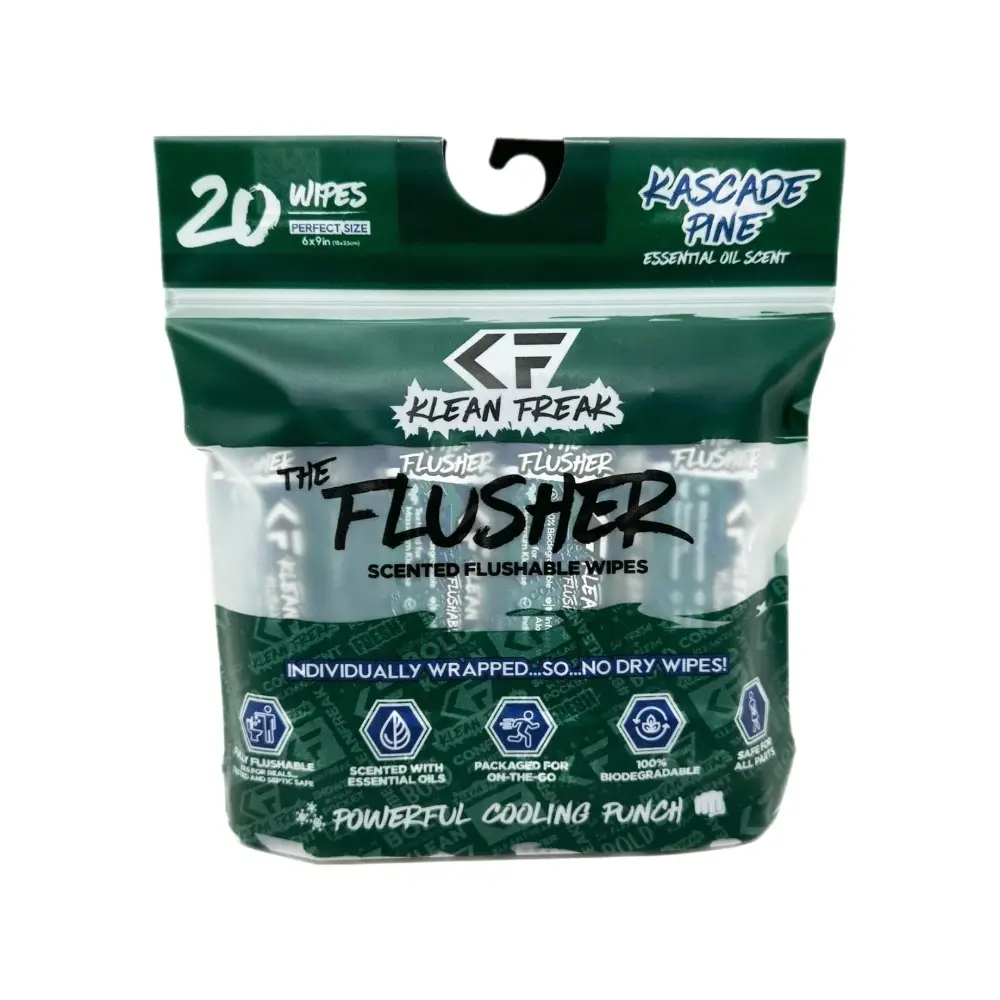 Klean Freak The Flusher Flushable Wipes 20 Pack, Biodegradable Plant Fibre, Alcohol Free, Aloe and Witch Hazel, Kascade Pine - FLKP20