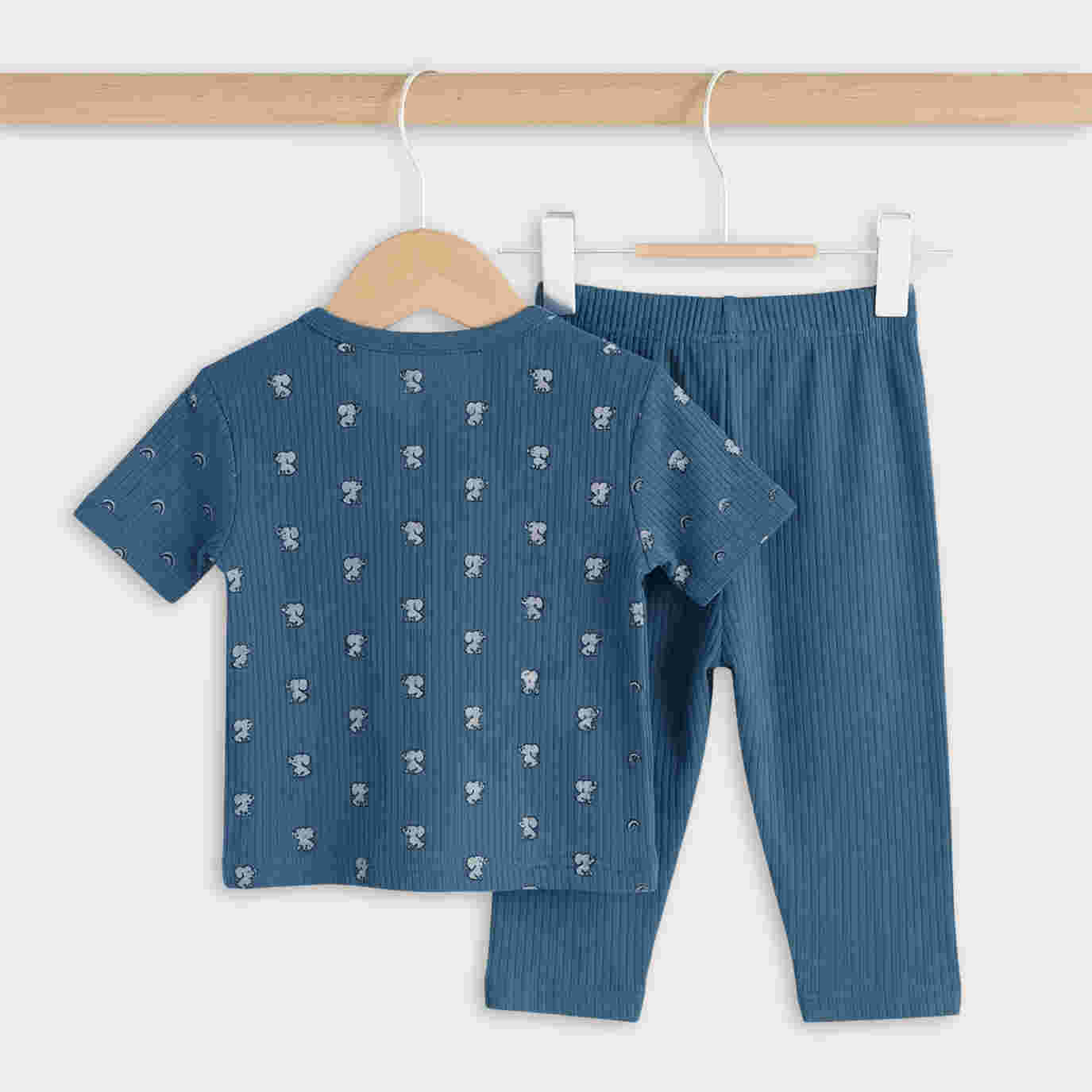 Babies Basic Ribbed Cotton Printed Short Sleeves T-shirt and Pyjama Set 6-12 Months Blue M726-TO-BLU-6-12-2PC - Image 4