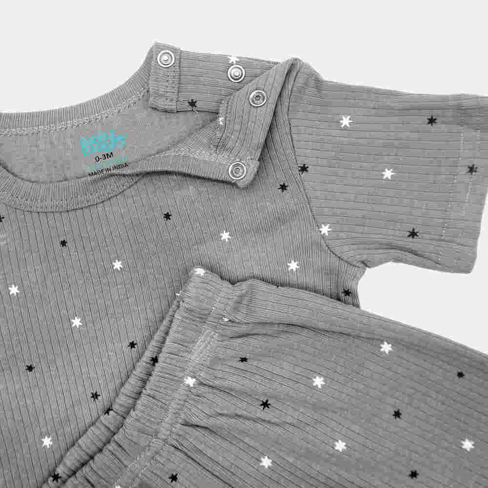 Babies Basic Ribbed Cotton Printed Short Sleeves T-shirt and Printed Pyjama Set 0-3 Months Gray M713-SH-GRA-0-3-2PC - Image 3